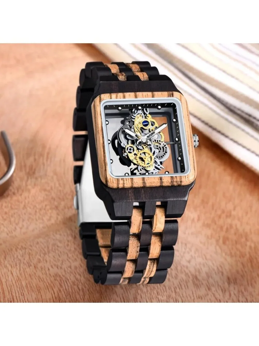 Men's Black Brown Square Skeleton Buckle Analog Quartz Classic Wooden Watch